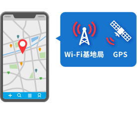 Wi-Fi基地局とGPSのアイコンとスマホのマップ